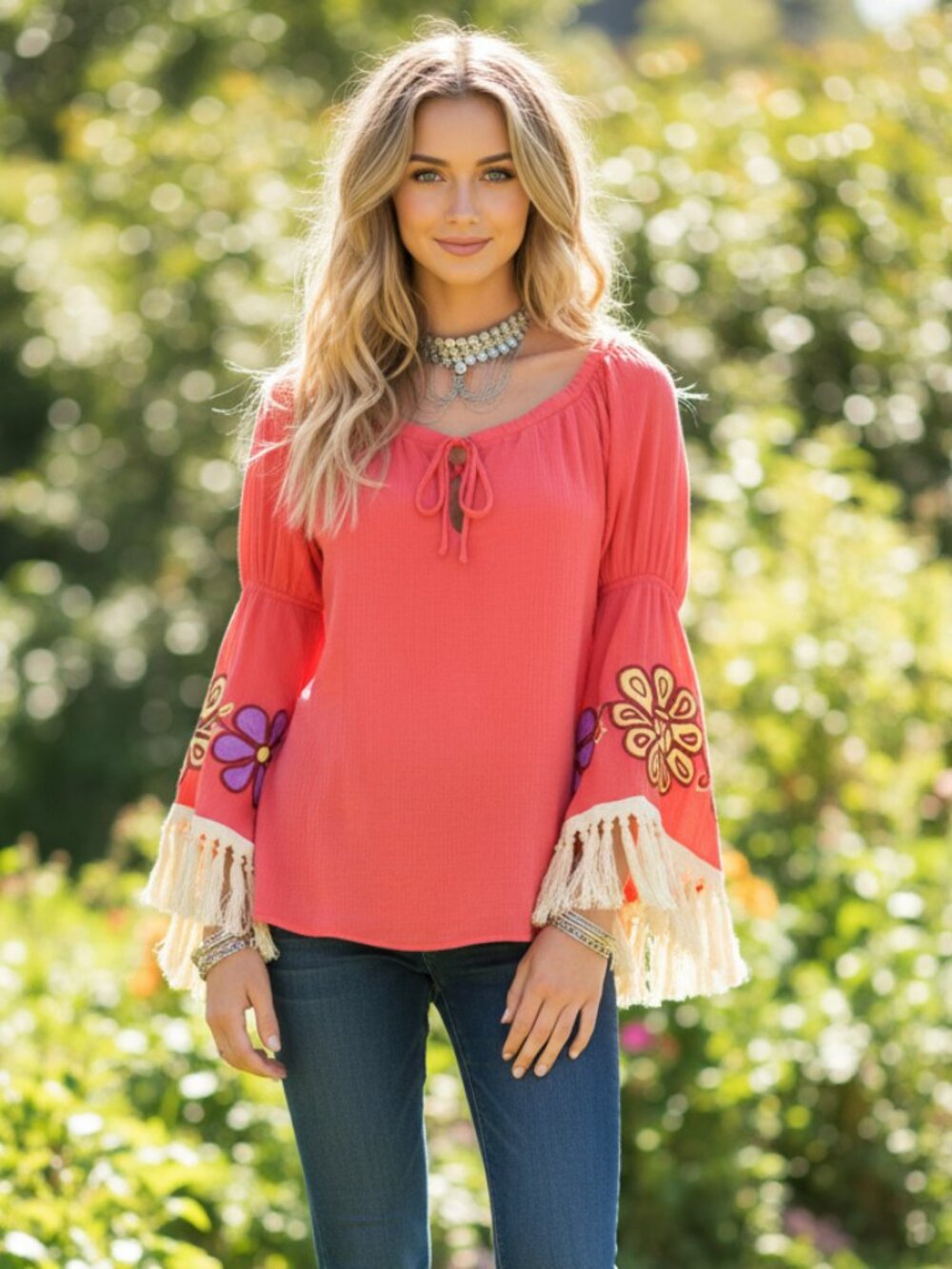 Boho Womens Coral Embroidered floral print fringe detailed blouse Top - Picture 5 of 9